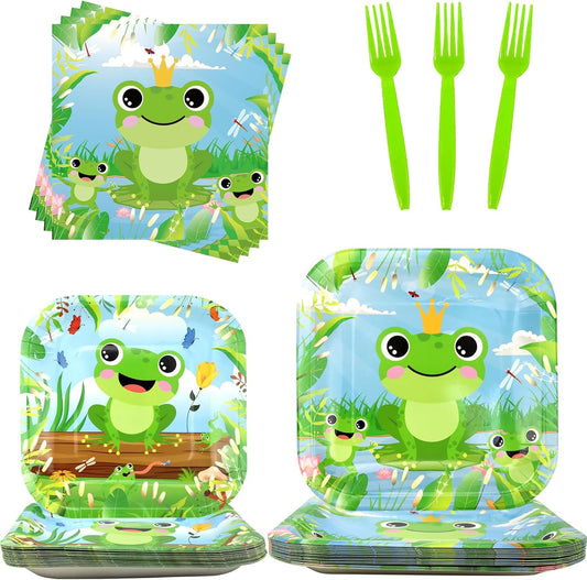 100Pcs Frog Party Decorations - Frog Party Plates and Napkin, FrogTableware, Frog Party Gifts, Frog Birthday Party Supplies - Serves 25 (Frog)