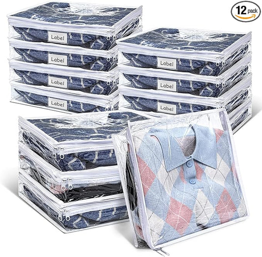 Hoolerry 12 Pcs Clear Zippered Storage Bags Pvc Sweater Sheet Organizer Plastic Sheet Storage Sweater Bags With Zipper And Label Pocket Container For Clothes Closet Linen Pillow (14 x 12 x 3 Inch)