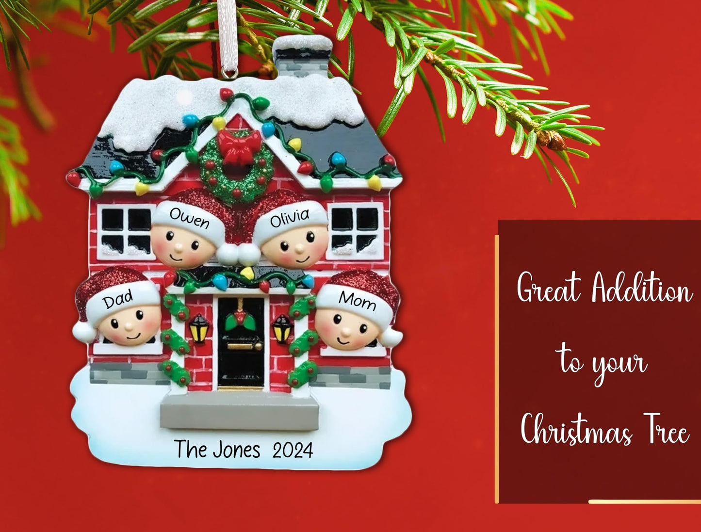 UniqXmas Personalized Christmas House Family of 4 Ornament 2025 | Customized Xmas Tree Decoration with Name & Year | First Christmas in New Home, Our 1st House, Family of Four Custom Keepsake Gift