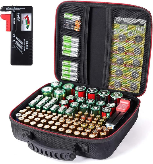 Battery Organizer Storage Case Box with Tester BT168 -for All Types Batteries Container, Fireproof & Waterproof Battery Keeper Caddy for Home Drawer, Small Cases Holder for AA AAA C D 9V (Holds 104ï¼)