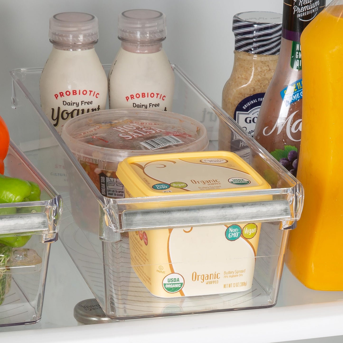Kitchen Details 2 Pack Slim Refrigerator Storage Bin | Fridge & Freezer | Kitchen Organization | Stainless Steel Handle | Countertop | Cabinets | Pantry | Clear
