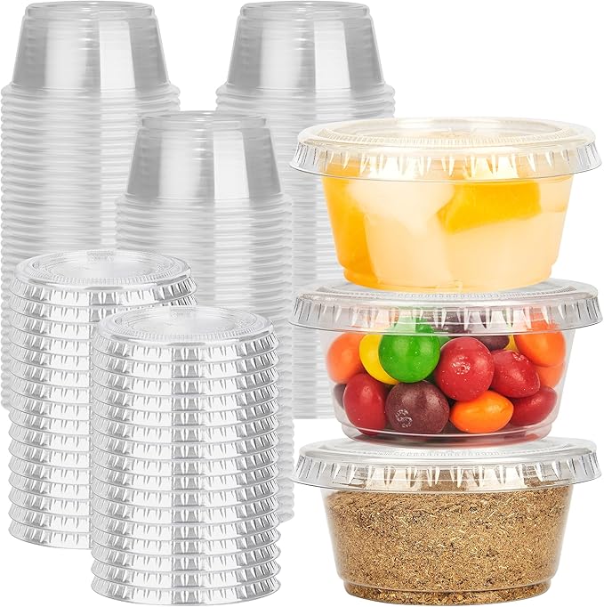 YEEHAW 100 Sets - 2 oz Jello Shot Cups with Lids, Portion Cups, Clear Disposable Plastic Jello Shot Cups for Meal Prep, Salad Dressing, Soufflé, Portion Containers
