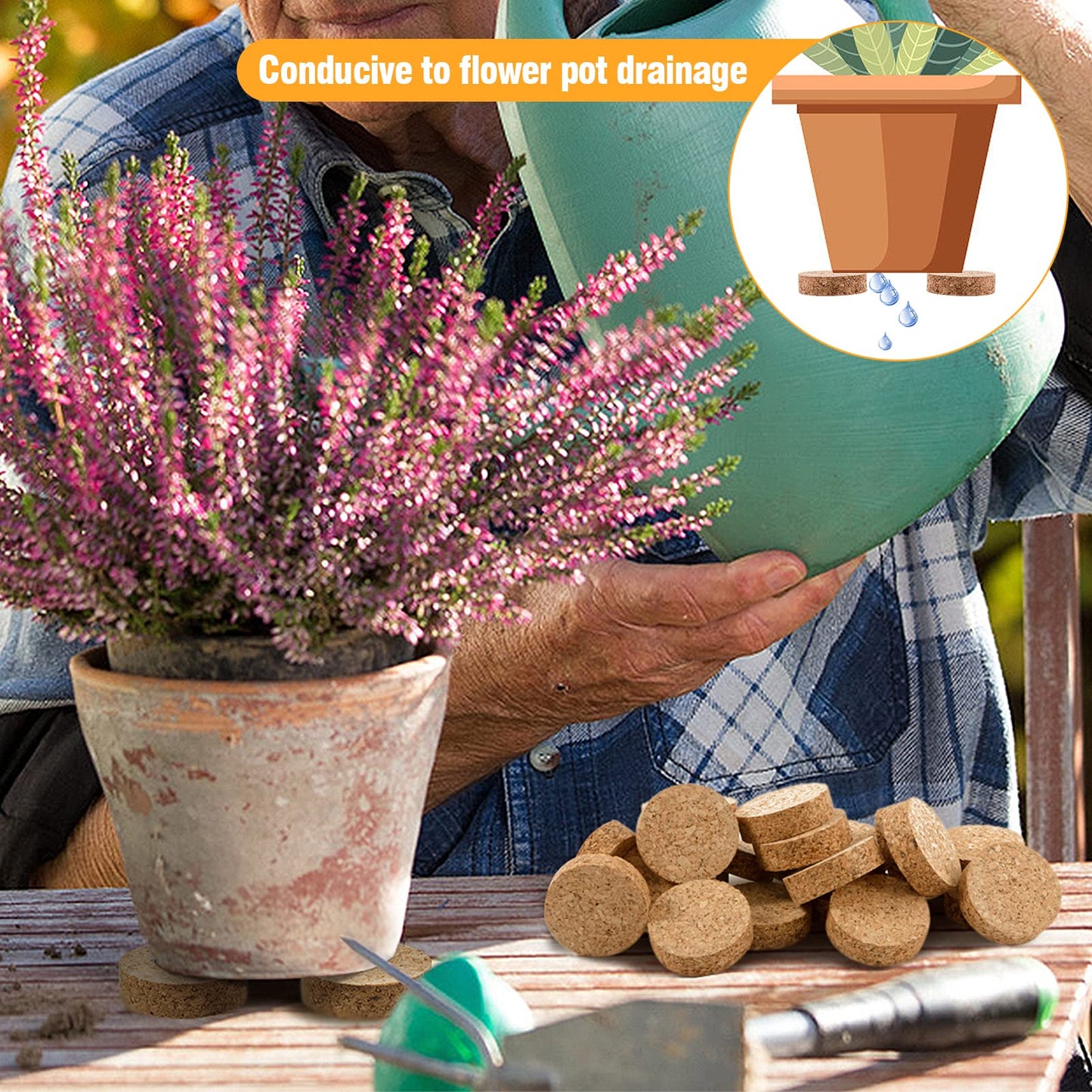 Biubee 60Pcs Invisible Pot Feet with Non-Slip Surface- Sturdy Cork Plant Riser Pot Feet for Outdoor Planter Drainage, Solid Corkwood Planter Lifter, 2" Dia"