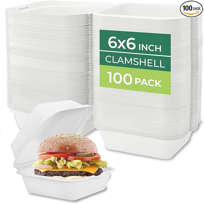 Freshware Clamshell Food Containers with Lids [6x6" 100-Pack] Disposable To Go Containers, Biodegradable Sugarcane To Go Boxes - Paper Container - Microwave & Freezer Safe, Stackable