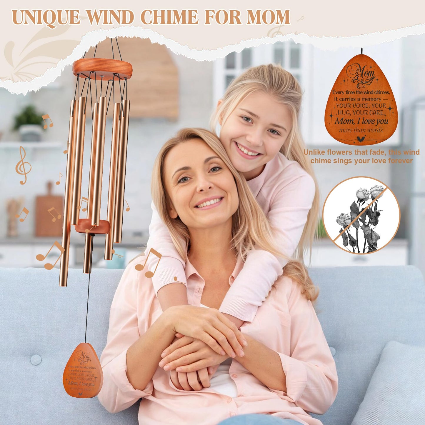 Gifts for Mom, Wind Chimes for Outside, Windchimes Hanging for Home Decor, Memorial Moms Birthday Gifts Christmas Mothers Day Thanksgiving (Mom)
