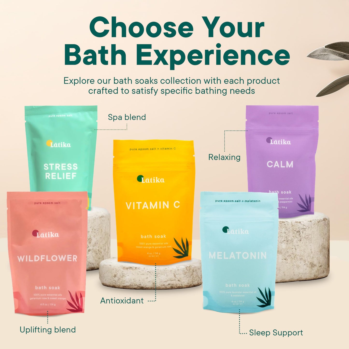 Latika Geode-Inspired Bath Soak Single Pack- Rose Quartz with Essential Oils & Epsom Salt for Stress Relief, Muscle Recovery & Skin Care [1 Pack]