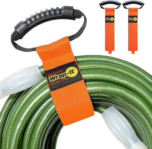 Easy-Carry Wrap-It Storage Straps - 28â (2-Pack) Blaze Orange â Heavy-Duty Hook and Loop Cord Carrying Strap, Hanger, and Organizer with Handle for Pool Hoses, Garden Hoses, Cords, Cables and More