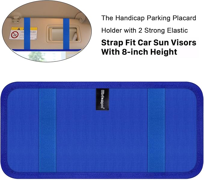 Handicap Placard Holder for Auto, Wisdompro Disabled Parking Permit Sign Protector for Car Sun Visor with Note Paper Slot, Pen Holder and Elastic Strap - Blue