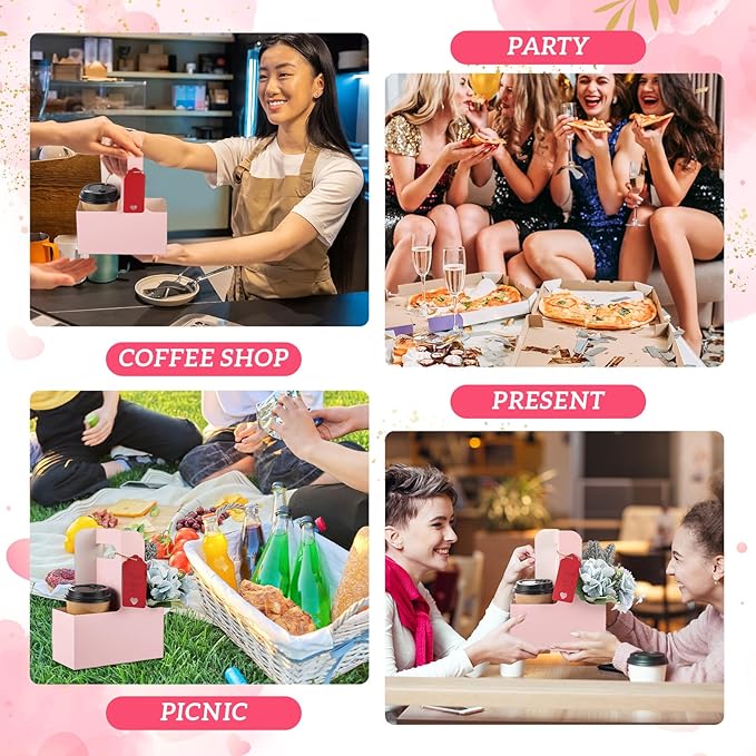MotiMind 30 Pack Mother's Day 2 Cup Drink Carrier with Handle, Kraft Paperboard Teacher Cup Holder Portable for Hot Cold Drinks, Coffee Carrier Gift with Heart Card Rope (Pink)