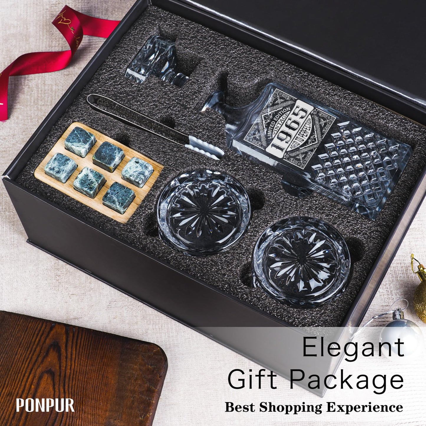 PONPUR 1965 60th Birthday Gifts For Men Dad, 1965 Laser Whiskey Decanter Set with Gift Box, Anniversary Bday Gift Ideas for Him Husband, 60 Years Decorations, Whiskey Glasses & Whisky Stones Inc.