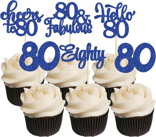 30pcs Happy 80th Birthday Cupcake Toppers - Eighty Cheers to 80 Years Old - Blue Glitter