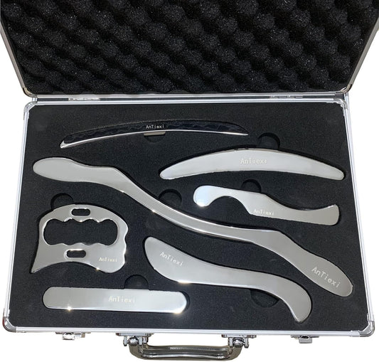 Medical Stainless Steel GuaStainless Steel Gua Sha Scraping Massage Tool Set IASTM Tool Set (7pcs) Great Soft Tissue Mobilization Tool Physical Therapy (AnTiexi04-7set)