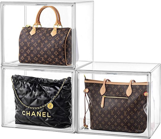 HBlife 3 Pack Purse Storage Organizer for Closet, X-Large Clear Stackable Handbag Display Case Box with Magnetic Door for Collectibles, Cosmetics, Women Heels and Toys
