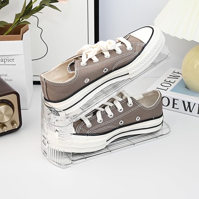 10-Pack Shoe Slot Organizer & Shoe Stacker for Closet, Adjustable Shoe Space Saver, Double Deck Clear Shoe Storage for Small Spaces (Transparent)