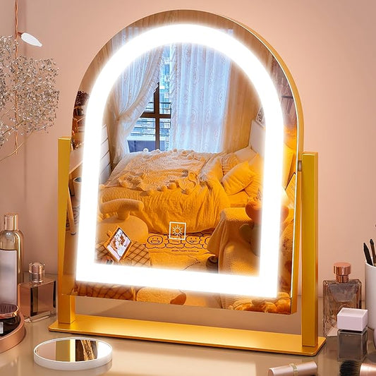 FENNIO Large Vanity Mirror with Lights - 15.5"x13" LED Lighted Makeup Mirror with Lights, 10X Magnification, Touch Screen with 3-Color Lighting, Dimmable, for Vanity Desk Tabletop, Bedroomï¼Goldï¼