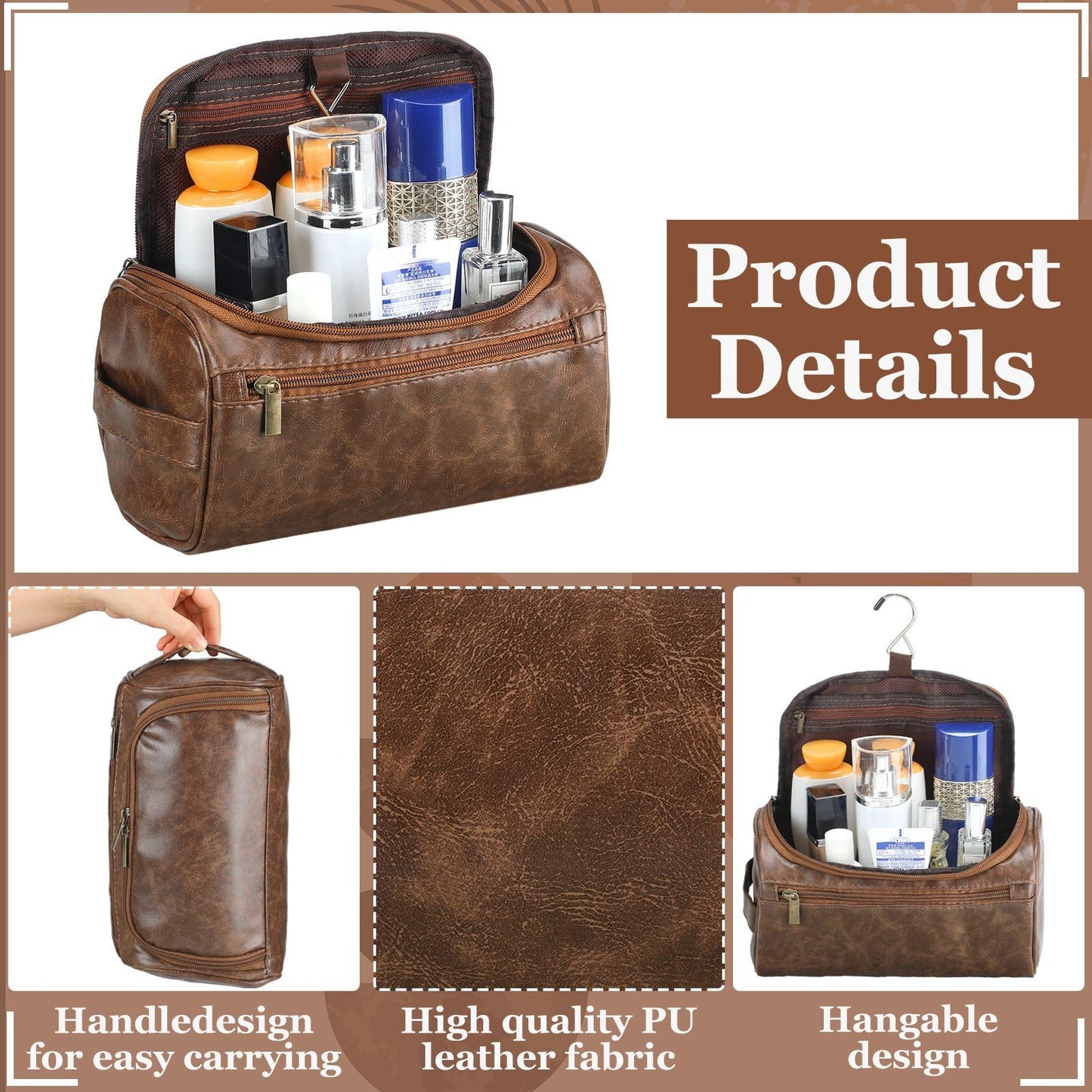 Aliceset 6 Pcs Groomsmen Gift Groomsmen Toiletry Bags Set of 6 Leather Toiletry Bag for Men with Hook Leather Wedding Proposal Bag with Side Handle Father Gift(Dark Brown)