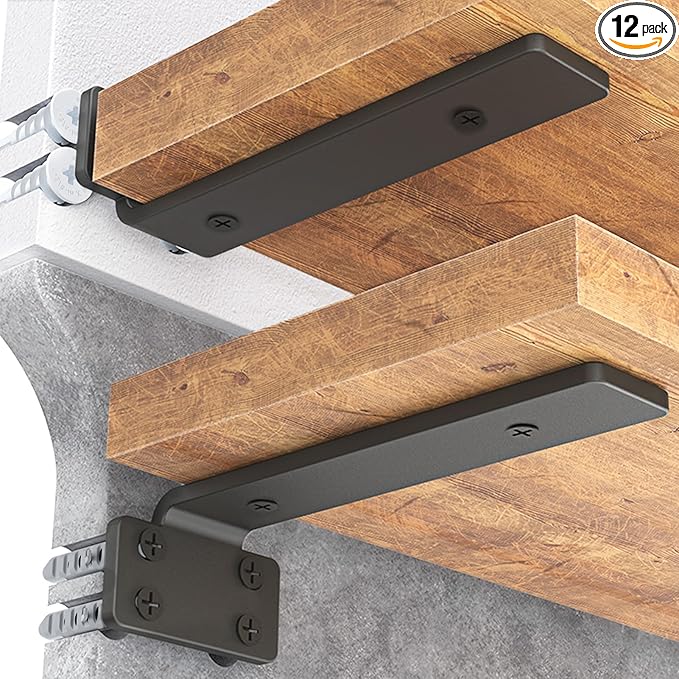 Goovilla Shelf Bracket, Heavy Duty Floating Shelf Brackets 8 inch Long, 12 Pack Brackets for Shelves, Black Coated Metal Wall Shelf Support Brackets with 1/5 Inch Thick and 160 lb. Load Capacity