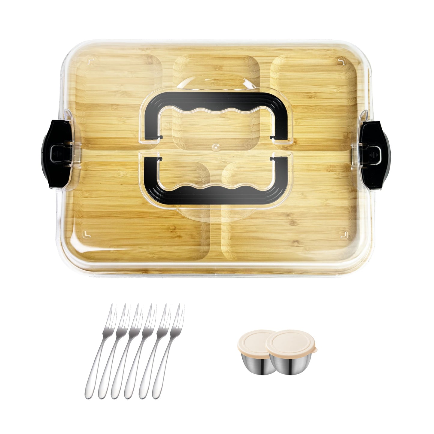 15Ã11" Charcuterie Boards with Lid, Bamboo Cheese Board Cutting Boards with Locking Clear Cover, Portable Serving Tray - 5 Compartments for Kitchen, Picnic, Party, Housewarming, Wedding Gift