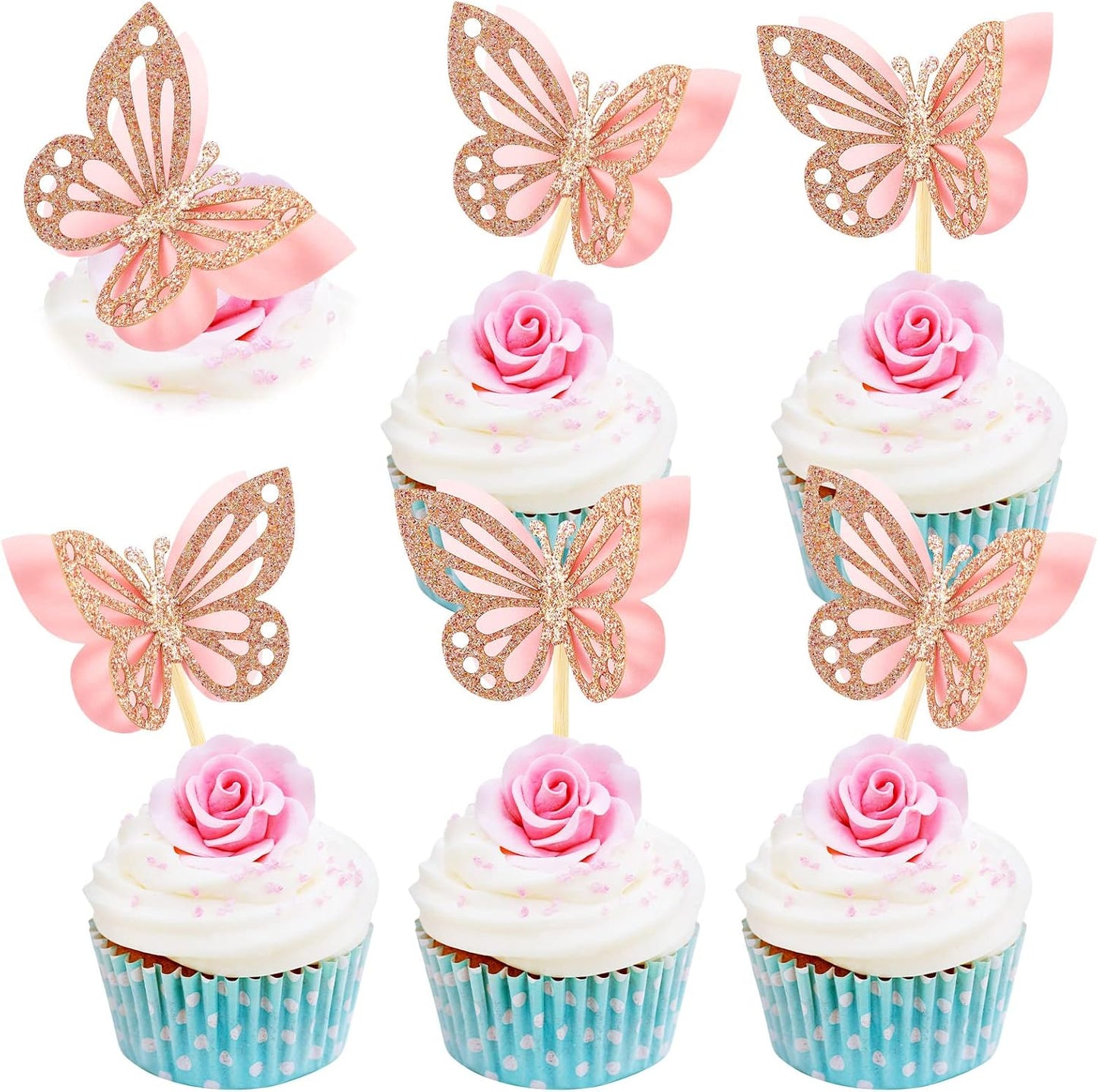 Chinco 48 Pcs Butterfly Cupcake Toppers Assembled Double Layer Cupcake Topper 3D Glitter Cake Topper Butterfly Cocktail Pick Decoration for Baby Shower Birthday Wedding(Pink,Classic Style)