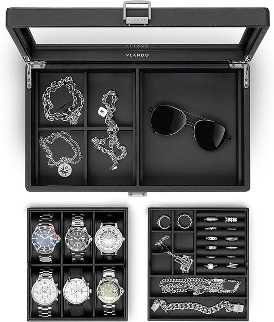 Vlando 6-Slot Watch Box Organize, Lockable Watch Case with Textured Leather, 2 Layer Watch Holder for Rings, Bracelets, Glasses, Glass Lid, Removable Divider, Gift for Fathers, Husband, Friend, Black