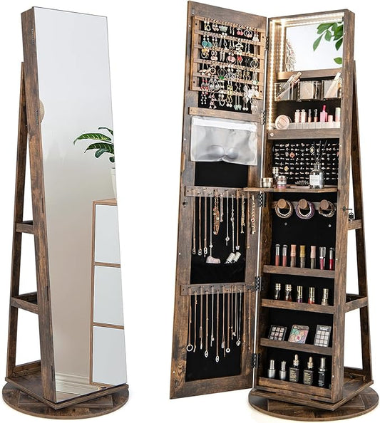 Mirror Jewelry Cabinet Standing with Full Length Mirror, 360Â° Swivel Jewelry Armoire with 3-Color LED Lights & Foldable Makeup Shelf, Lockable Organizer for Women, Space-Saving (Rustic Brown)