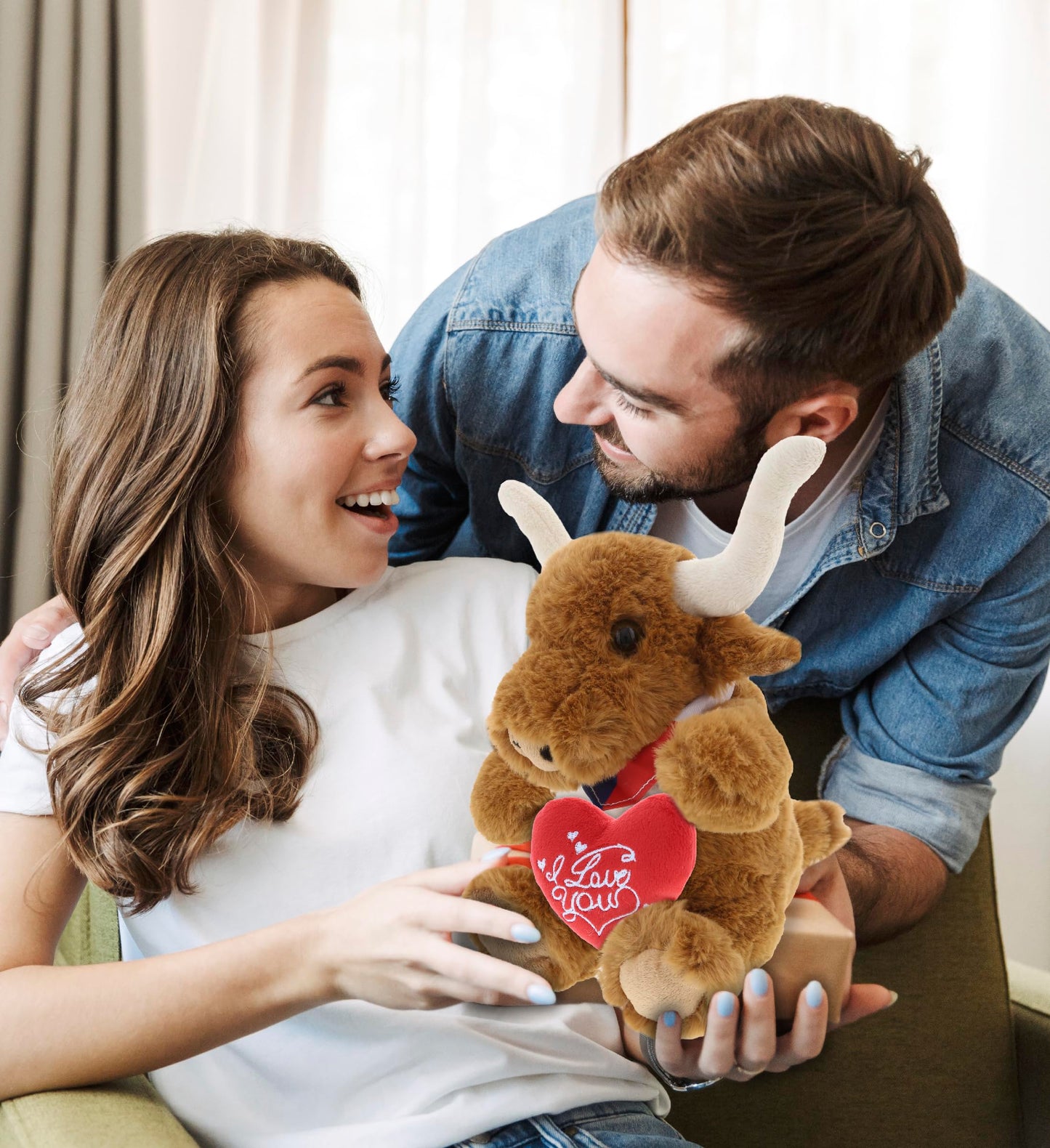 DolliBu I Love You Plush Texas Longhorn - Cute Stuffed Animal Texas Longhorn with Red Heart Plush for Valentines, Anniversary, Romantic Date, Boyfriend, or Girlfriend Gift - 8 Inches
