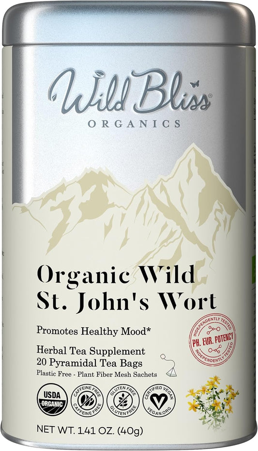 Wild Bliss Organic St Johns Wort Herbal Tea - Caffeine Free Mood Balance Support Tea - Pharmacopoeia Potency - 20 Plant Based Tea Bags