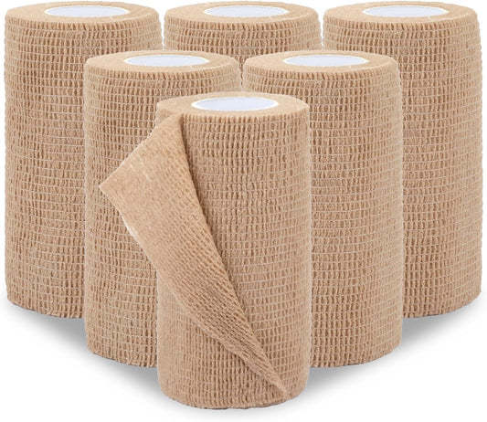 BEVTEE Self Adhesive Bandage Wrap 6 Pack, 4" X 5 Yards Elastic Coban Wrap, Compression Non-Woven Sports Athletic Tape for Wrist, Ankle, Hand, Leg, Swelling, Vet, Grip Tape