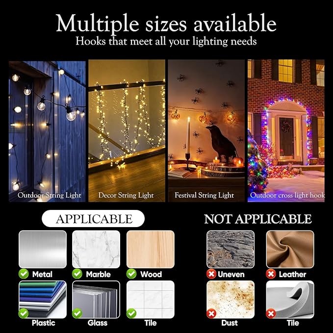 80Pcs Hooks for Outdoor String Lights Clips: Heavy Duty Cable Clips with Waterproof Adhesive Strips for Hanging Christmas Light - Outside UV-Resistant Clear Sticky Cord Holders Rope Organizer