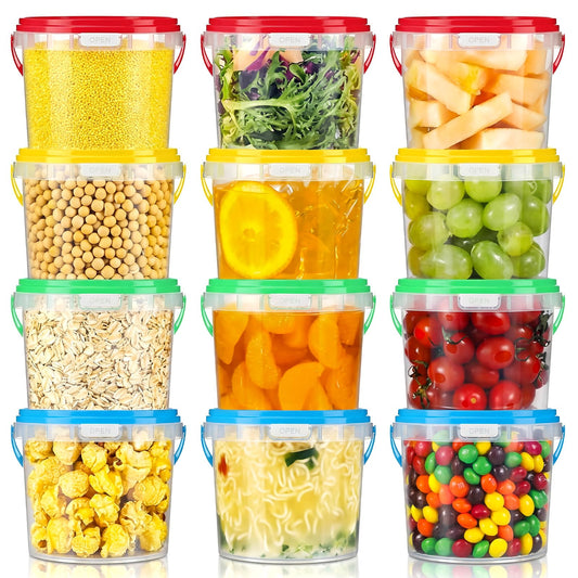 Suttmin 24 Pack Plastic Fruit Buckets with Colored Lids Reusable Ice Cream Storage Containers Stackable Freezer Food Storage Kitchen Pails Deli Pantry Organizer for Soup Flour Drink(0.4 Gallon)