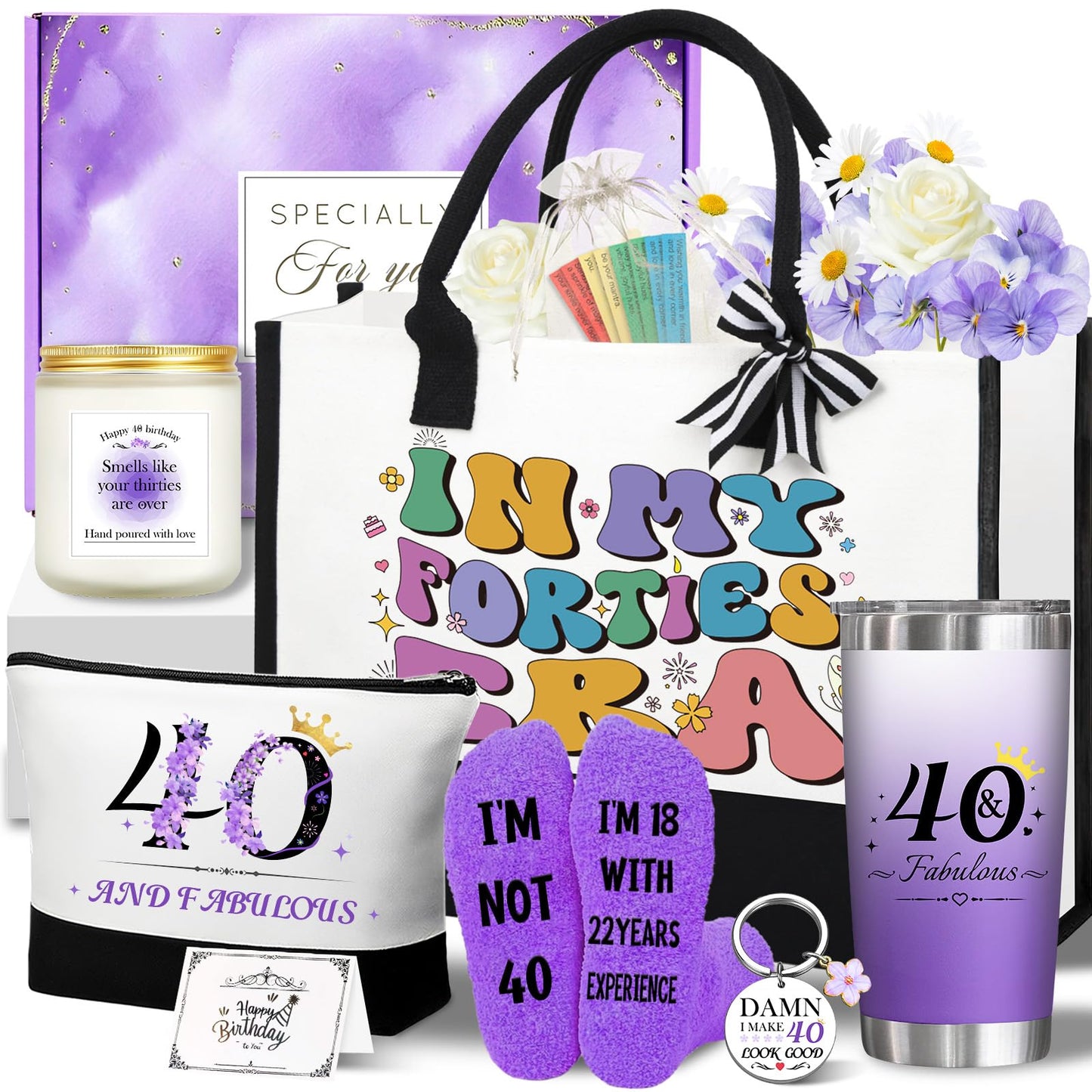 40th Birthday Gifts for Women Her, Funny Birthday Gifts for 40 Year Old Woman, Unique 40 Fabulous 1985 Tote Bag Set, Happy 40th BirthdayGift Basket for Her Mom Sister Friend Wife