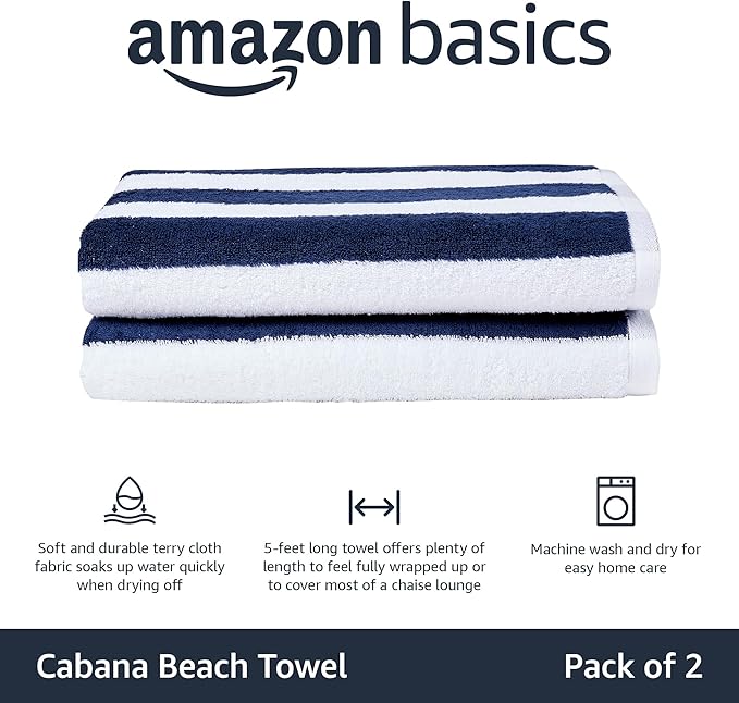 Amazon Basics 100% Cotton Soft & Absorbent Beach Towels, Cabana Stripe, Fast Drying, Machine Washable, Large 30 in x 60 in, Navy Blue, 2-Pack