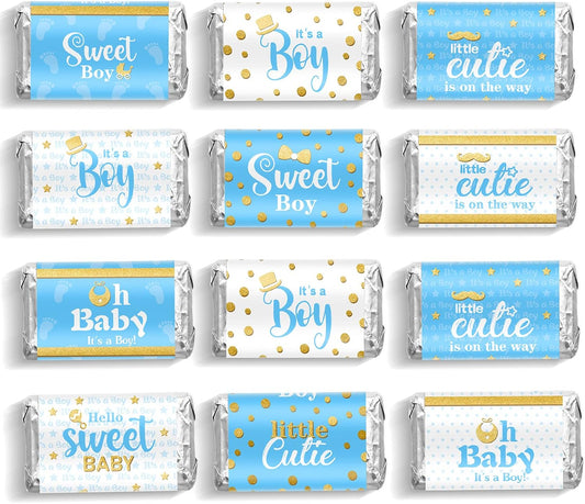 Clabby Baby Shower Candy Wrappers, Mini Candy Bar Miniatures Wrappers Chocolate Bar Label Stickers for Boys Girls Kids Baby Shower Decor (No Candy) (blue Boy Style,180 Pieces)