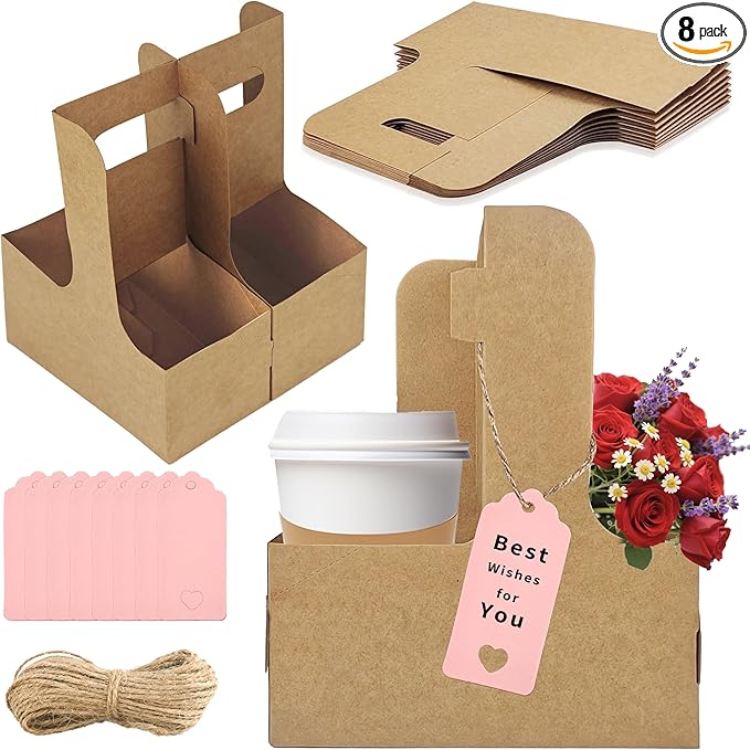 2 Cup Drink Carrier,8 Pack Coffee Cup Holders with Handle,Cardboard Cup Holders for Hot or Cold Drinks,Coffee Carrier with Ribbon and Card,Food Delivery Services and Bouquet(Kraft)