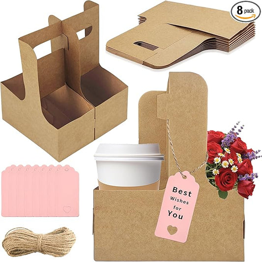 2 Cup Drink Carrier,8 Pack Coffee Cup Holders with Handle,Cardboard Cup Holders for Hot or Cold Drinks,Coffee Carrier with Ribbon and Card,Food Delivery Services and Bouquet(Kraft)