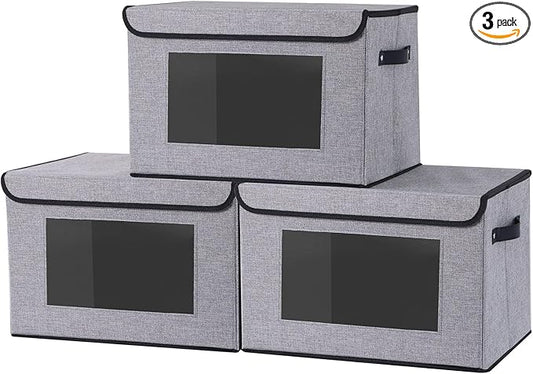 Storage Bins with Lids, Decorative Linen Storage Boxes, 17.7 x 11.8 x 11.8 Inch Closet Organizers for Shelves with Handles, Gray, 3-Pack
