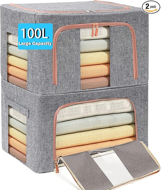 Large Capacity Clothes Storage Bags Stackable Storage Organizer with Foldable Metal Frame Zipper Handles Clear Window Storage Container Box for Blanket Sweater Comforter Pillow (100L Gray 2 Pack)