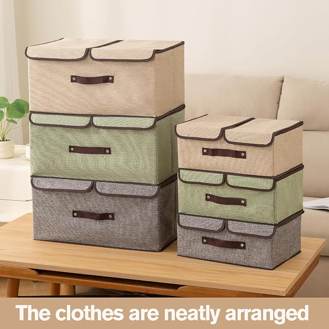 Linen Storage Boxes with Removable Dividers, 2-Pack Large Foldable Organizer Bins, Gray Fabric Containers with Handles for Clothes, Blankets, Underwear Storage (Beige, 2Pack*15L)