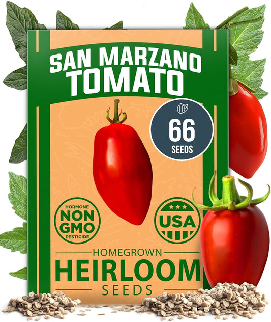 HOME GROWN San Marzano Tomato Seeds 66+ Heirloom Non-GMO Seeds for Planting, High Germination, Indeterminate, Classic Meaty Italian Paste Tomato, Best for Sauce & Canning (Solanum lycopersicum)