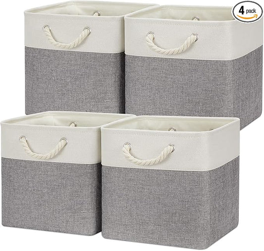 Temary Fabric Baskets 12 Inch Storage Cubes Basket with Handle, Clothes Baskets for Gift, Large Bins for Organizing Books, Blankets (White&Gray)