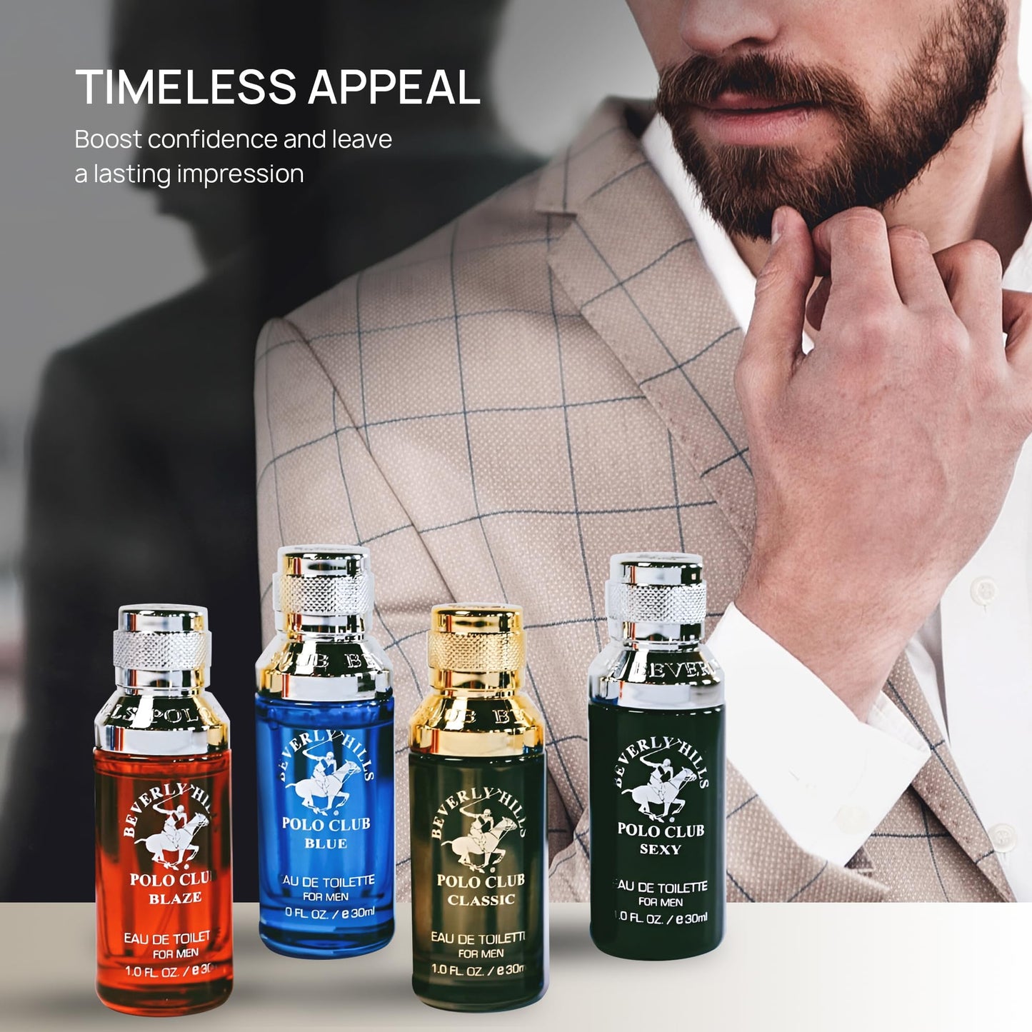 Beverly Hills Polo Club Exclusive Fragrance Collection For Men With 4 Different Fragrances, Blaze, Blue, Classic, and Sexy, 1fl oz Each (Pakaging May Vary)