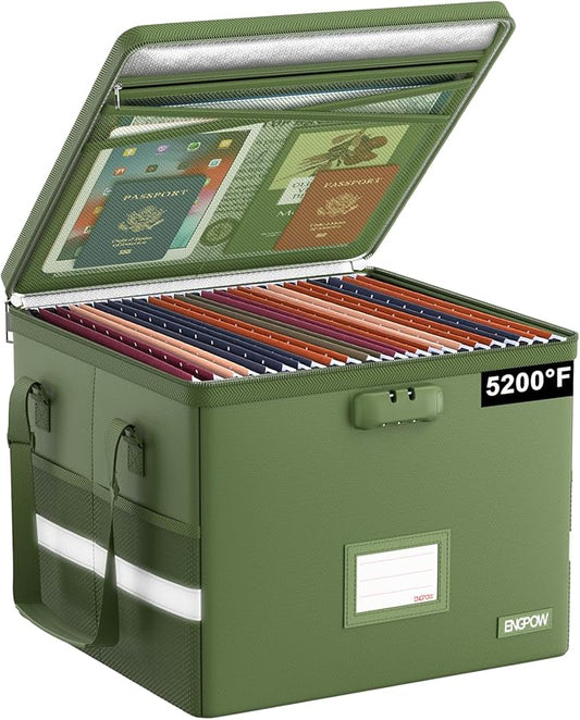 ENGPOW 5200Â°F File Box Fireproof Document Box with Lock,Heat Insulated Collapsible File Storage Organizer Box with Handle,Portable Home Office File Cabinet for Hanging Letter/Legal Size Folder, Green