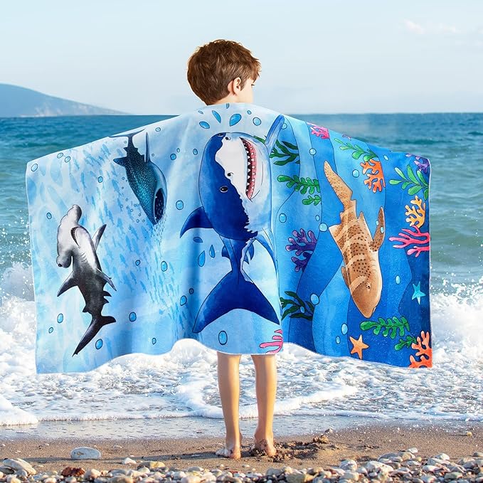 WERNNSAI Shark Kids Beach Towel for Boys - 30” x 60” Quick Dry Sand-Free Swim Towels for Boys Super Soft Absorbent Towel, Pool Camping Travel Bath Towel for Outdoor Sports Picnic