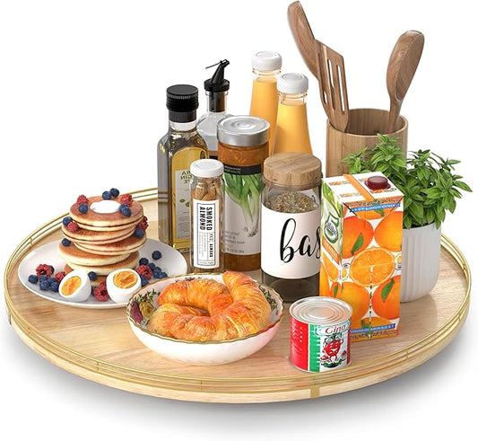 21-Inch Wooden Lazy Susan Turntable â Premium Oak & Iron, Extra Large Rotating Serving Tray for Dining Table, Kitchen Countertop, Farmhouse DÃ©cor, Spice Rack, Charcuterie & Entertaining