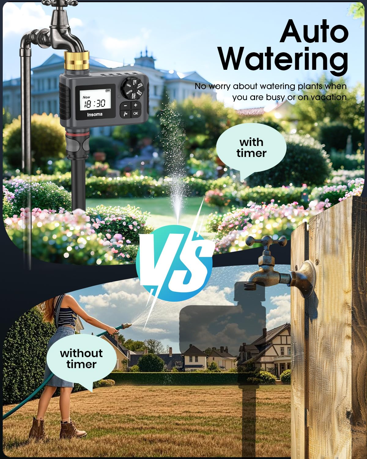 Water Timer for Outdoor Garden Hose, Hose Timer with Rain Delay/Manual Mode, Automatic Drip Irrigation Controller System for Lawn Yard Garden Watering