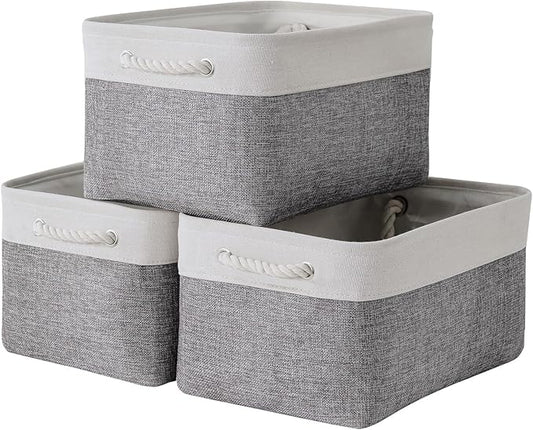 TheWarmHome Storage Bins for Shelves - 13.8LÃ9.8WÃ6.7H inch 3 Pack Medium Collapsible Storage Baskets for Organizing | Fabric Storage Cubes for Linen Closet Toy Home (White&Grey)