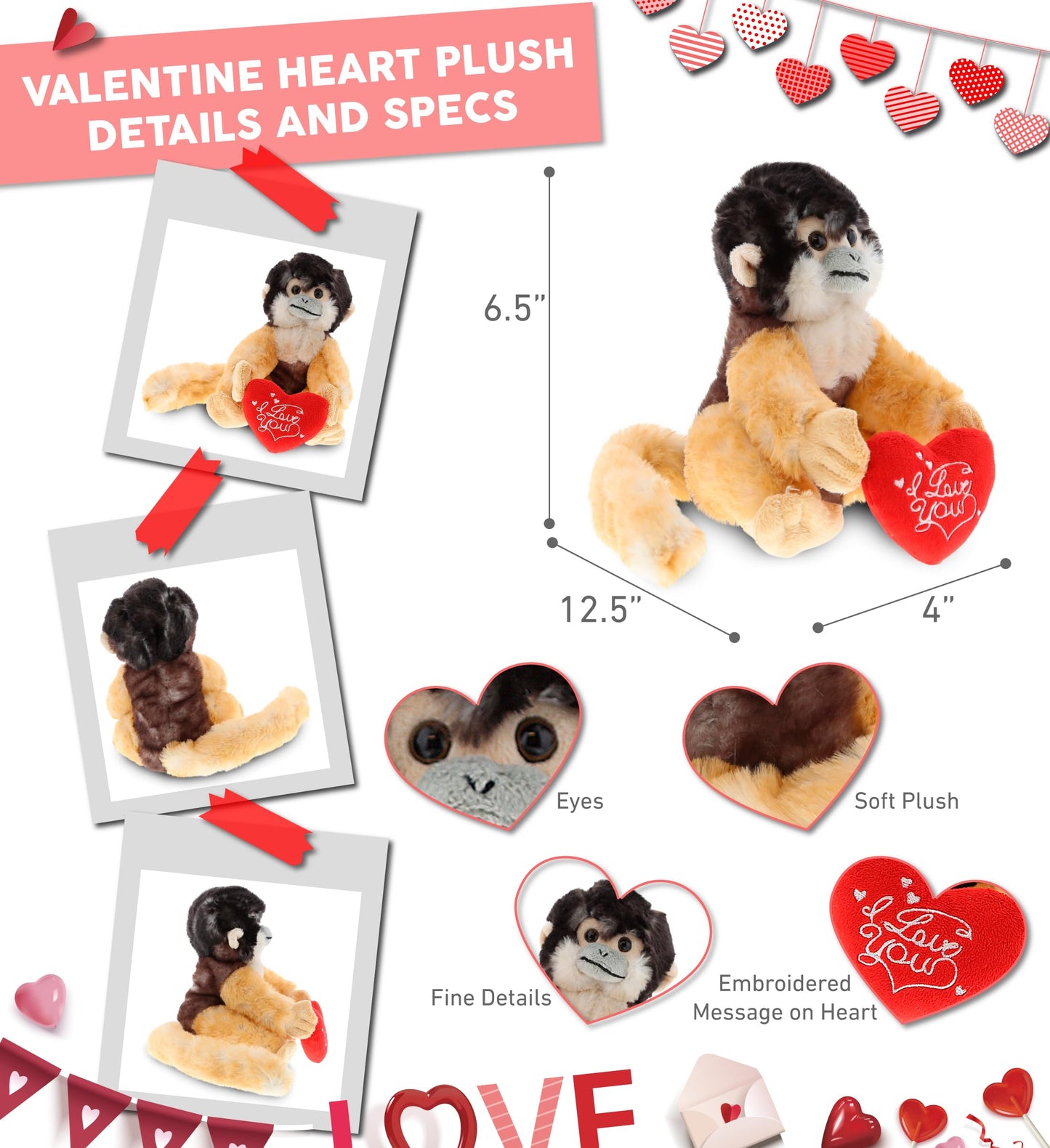 DolliBu I Love You Valentine Plush Squirrel Monkey - Cute Stuffed Animal with Red Heart and Name Personalization Gift for Valentines Day, Birthday, Anniversary, Romantic Date - 12.5 Inches