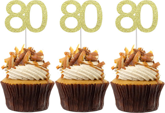24 PCS 80th Cupcake Toppers - Anniversary or Birthday Cupcake Picks Party Decoration Supplies | Gold 80th