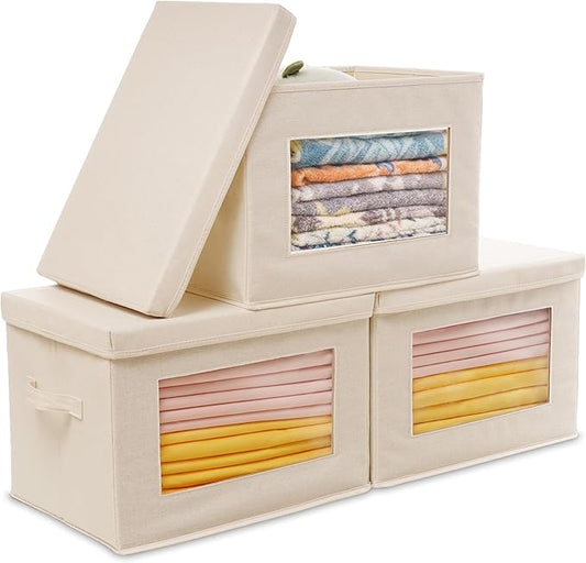 3-Pack Storage Bins with Lids, Fabric Foldable Storage Bins with Soft Cord Handles, Canvas Storage Bin with Lid for Organizing Clothes, Blankets and Books, Beige