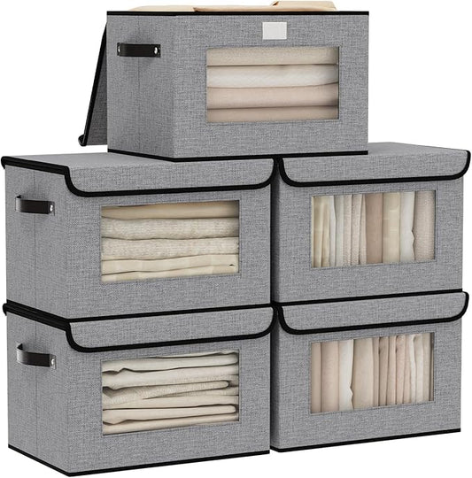 Foldable Storage Baskets with Lids, Fabric Closet Organizers with Handles, 13 x 9.1 x 7.9 Inch Storage Boxes for Shelves, Gray, 5-Pack